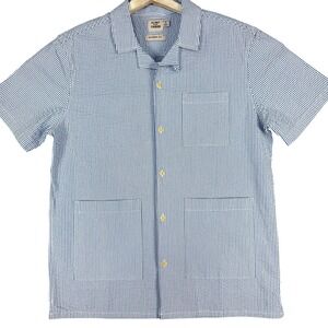 Flint And Tinder Guayabera Shirt Mens Medium Blue‎ Stripe Seersucker Camp Style